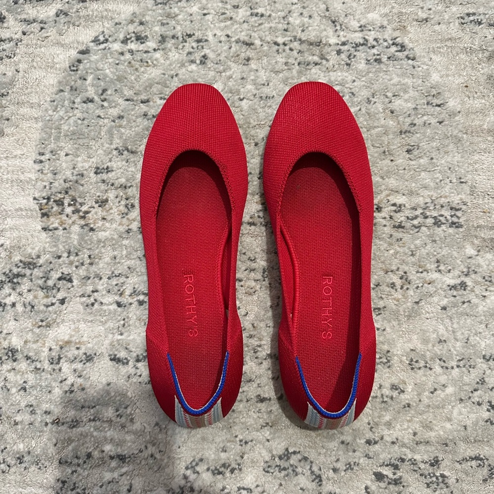 Rothy's Vibrant Red Flats with Blue Accents